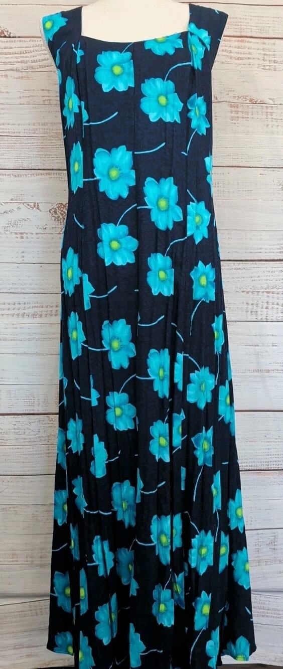 VTG Molly Malloy Maxi Dress 12 Navy Turquoise Floral 90s Whimsigoth Sun Dress